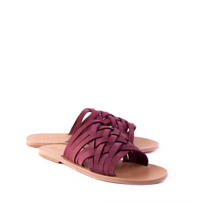 Nata Classic Slide All Leather Ancient Greek Sandal Burgundy Suede