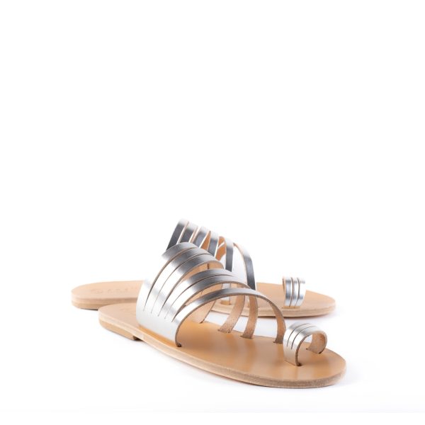 Kas All Leather Aravel Designer Slide Classic Greek Sandal Silver